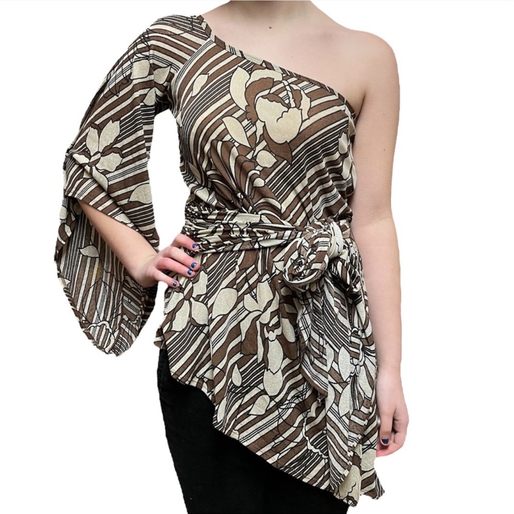 90s Y2K VINTAGE | BISOU BISOU Asymmetrical Psychedelic Brown Print Top